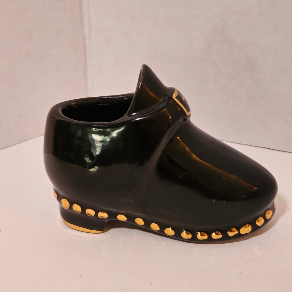 Vintage Black Ceramic Dutch Clog Shoe‎ Figurine Gold Trim Mini Planter 4.5 Inch